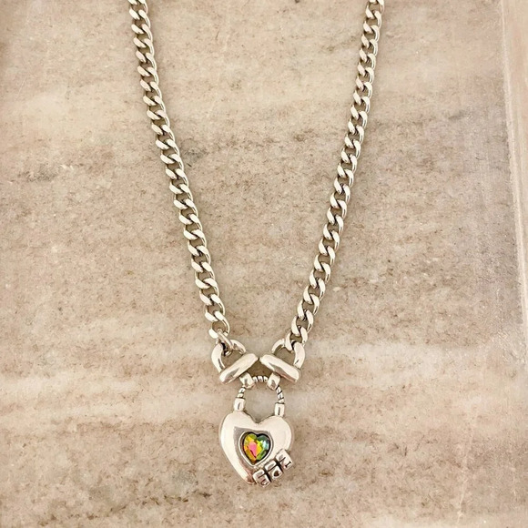 925 Sterling Silver Curb Chain Link Necklace Heart Necklace Heart Lock Chain - Picture 3 of 8